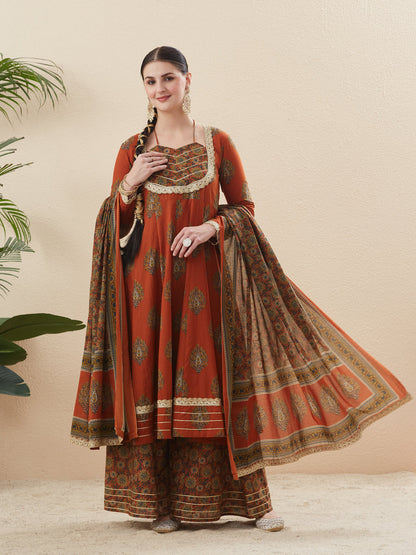 Rust Cotton Embroidered Anarkali Kurta Set with Dupatta for Women