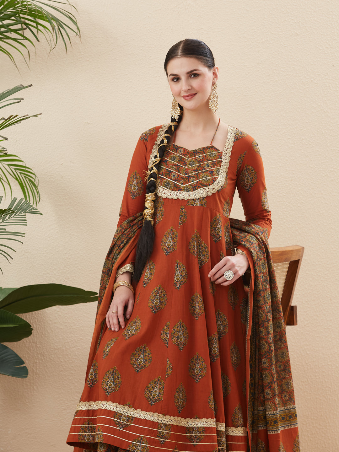 Rust Cotton Embroidered Anarkali Kurta Set with Dupatta for Women