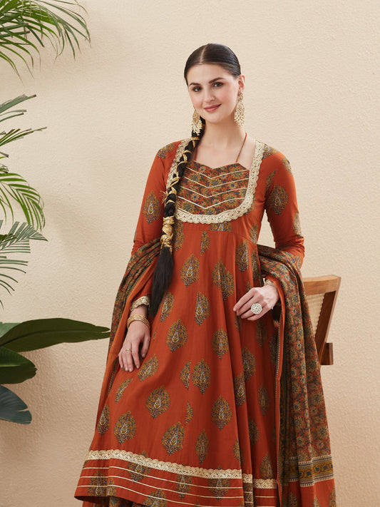 Rust Cotton Embroidered Anarkali Kurta Set with Dupatta for Women