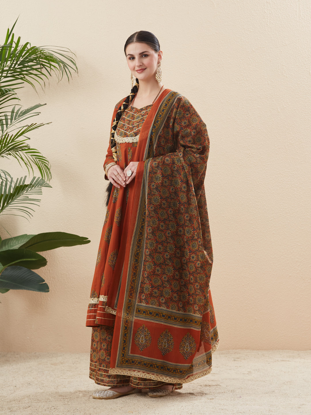 Rust Cotton Embroidered Anarkali Kurta Set with Dupatta for Women