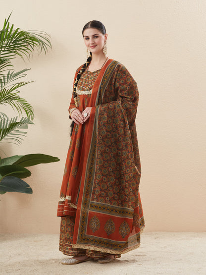 Rust Cotton Embroidered Anarkali Kurta Set with Dupatta for Women