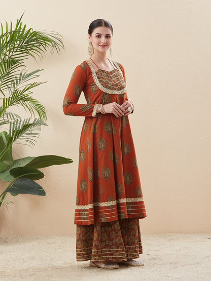 Rust Cotton Embroidered Anarkali Kurta Set with Dupatta for Women