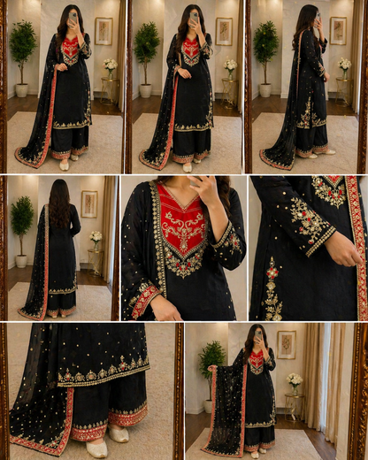 Sequence Embroidery Work Designer Kurti Palazzo Dupatta Set