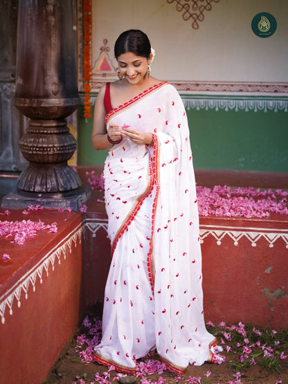 Bengal Pujo Embroidered Off White Red Saree