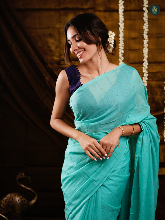 Oxford Blue Sequined Mul Cotton Saree