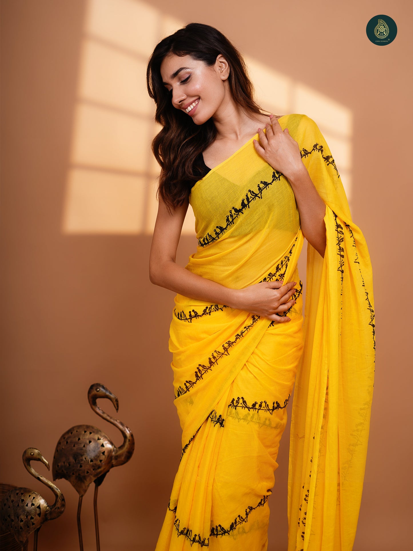 Hand Block Printed Mul Cotton Saree - Yellow Chidiya