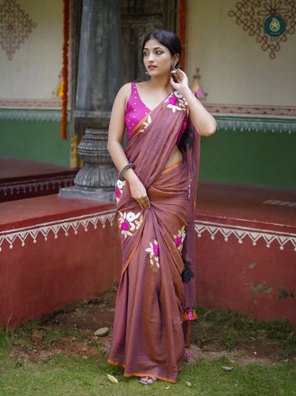 Dirt Mauve Mul Mul Cotton Embroidered Saree