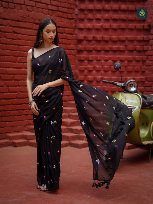 Gulzar - Mul Mul Cotton Solid Saree - Coal Black