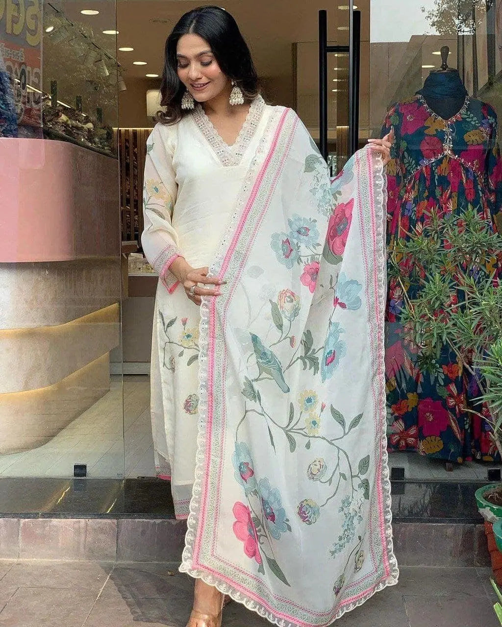 Premium Organza Digital Print work Summer Wear Kurti Pant Dupatta Set (Stitched) - Premium  from Ethenika.com  - Just INR 2990! Shop now at Ethenika.com 