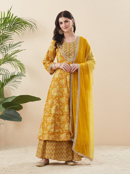 Women’s Yellow Cotton Printed Anarkali Kurta Palazzo Set with Dupatta