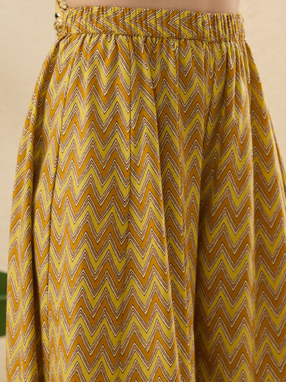 Women’s Yellow Cotton Printed Anarkali Kurta Palazzo Set with Dupatta