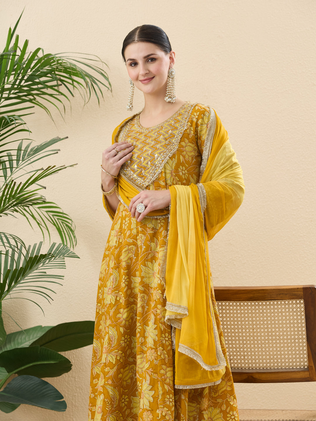 Women’s Yellow Cotton Printed Anarkali Kurta Palazzo Set with Dupatta