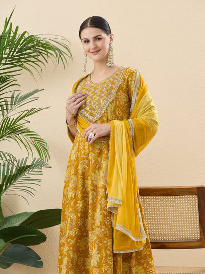 Women’s Yellow Cotton Printed Anarkali Kurta Palazzo Set with Dupatta