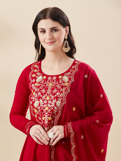 Red Cotton Embroidered Anarkali Suit Set with Dupatta for Women