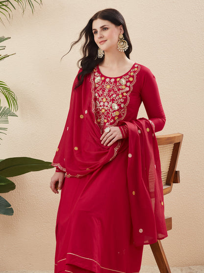 Rani Cotton Embroidered Anarkali Suit Set with Dupatta for Women