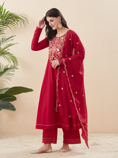 Rani Cotton Embroidered Anarkali Suit Set with Dupatta for Women