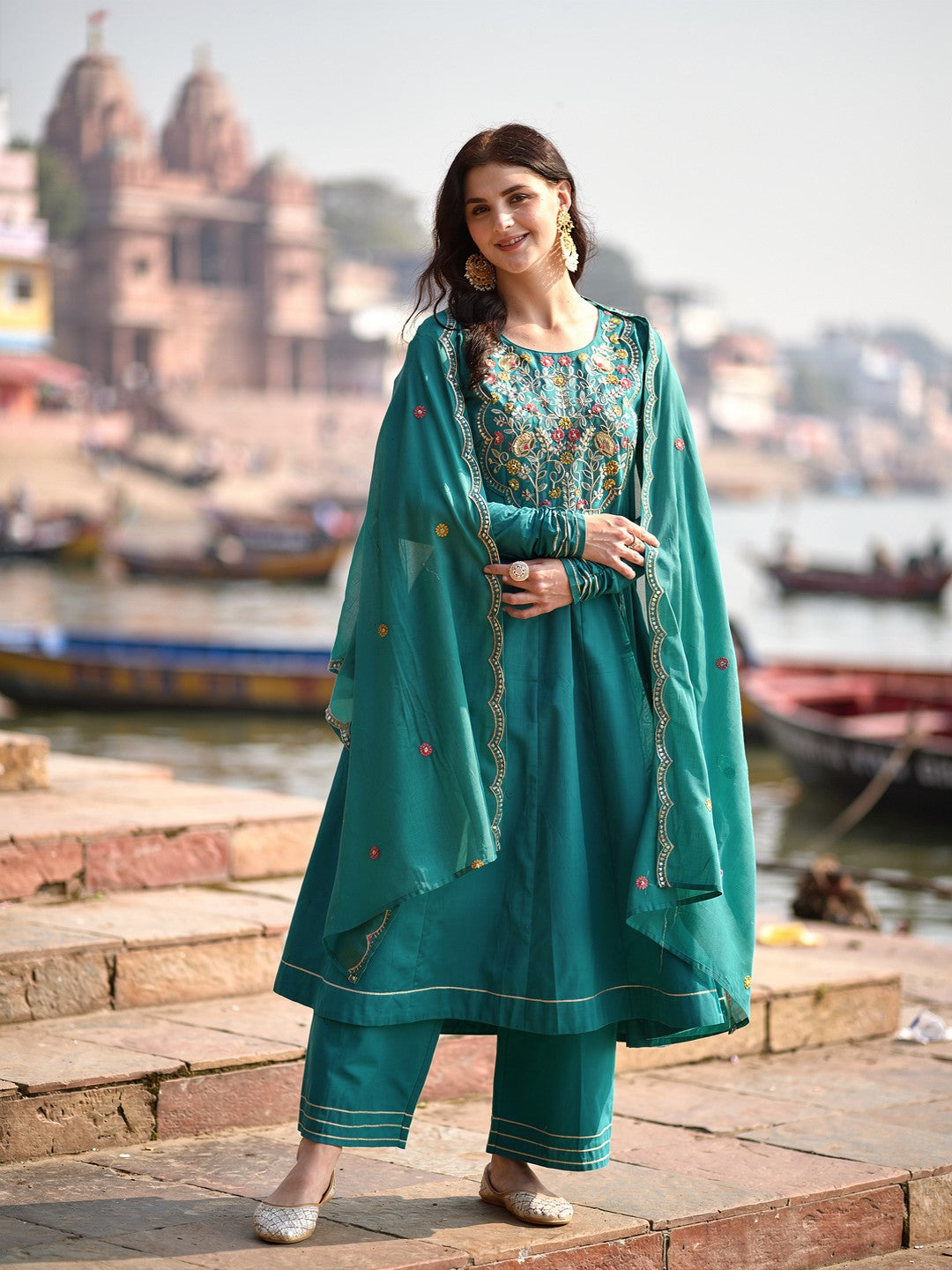 Rama Cotton Embroidered Anarkali Suit Set with Dupatta for Women