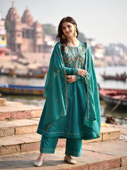 Rama Cotton Embroidered Anarkali Suit Set with Dupatta for Women