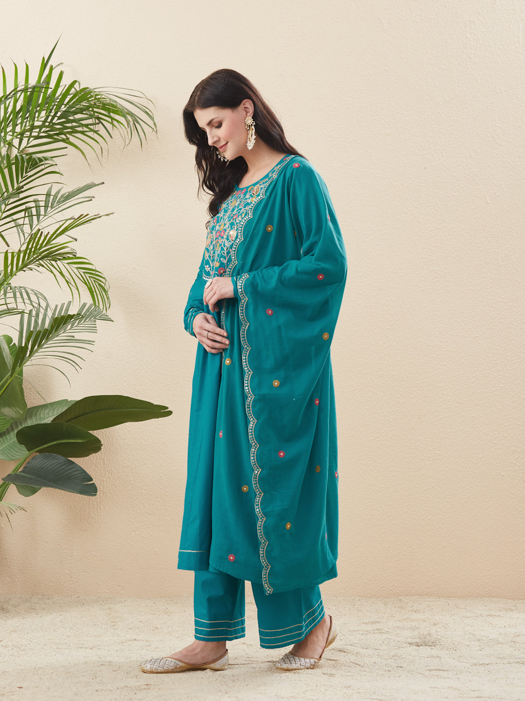 Rama Cotton Embroidered Anarkali Suit Set with Dupatta for Women