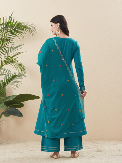 Rama Cotton Embroidered Anarkali Suit Set with Dupatta for Women