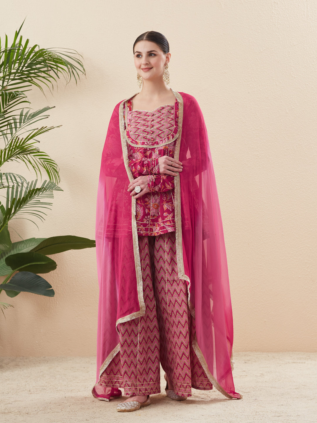 Rani Cotton Printed Kurta with  Palazzo & Dupatta Set for women