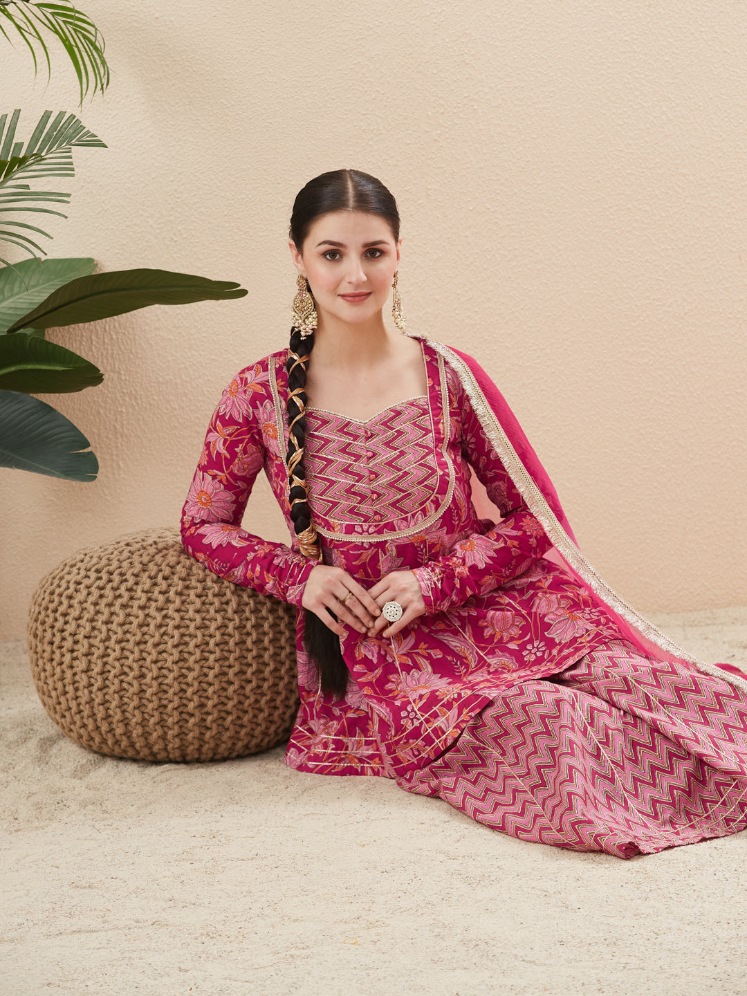 Rani Cotton Printed Kurta with  Palazzo & Dupatta Set for women
