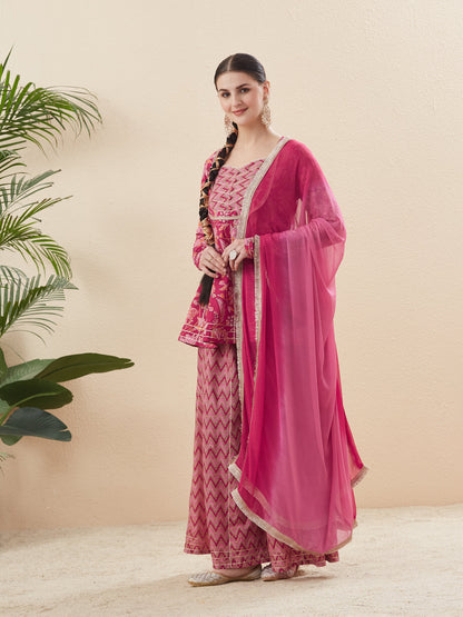 Rani Cotton Printed Kurta with  Palazzo & Dupatta Set for women