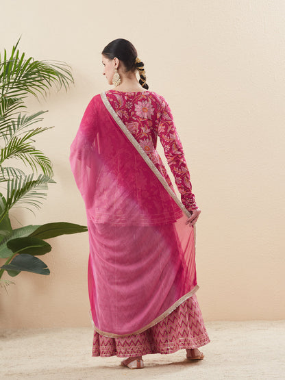 Rani Cotton Printed Kurta with  Palazzo & Dupatta Set for women