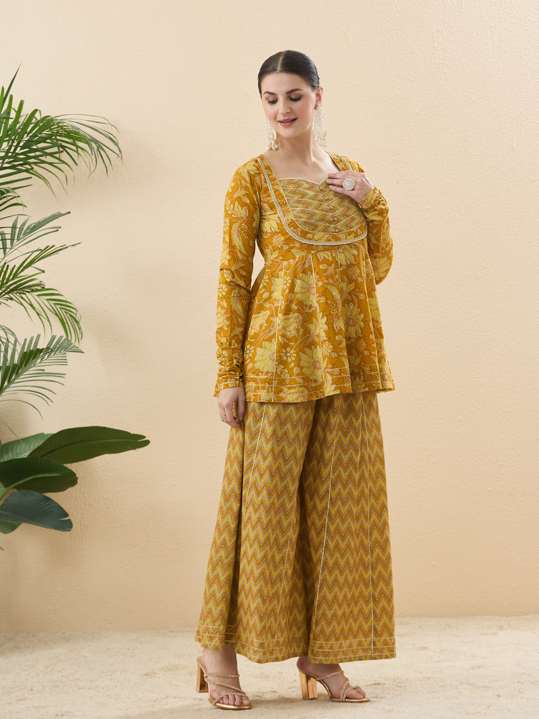 Yellow Cotton Printed Floral Kurta with Zigzag Palazzo & Dupatta