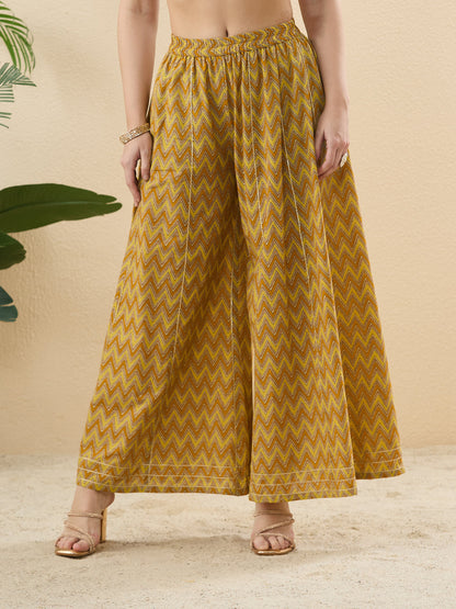 Yellow Cotton Printed Floral Kurta with Zigzag Palazzo & Dupatta
