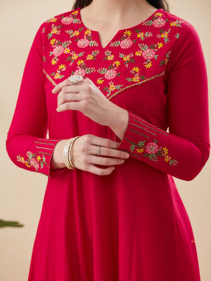 Rani Cotton Embroidered Anarkali Suit Set with Dupatta for Women