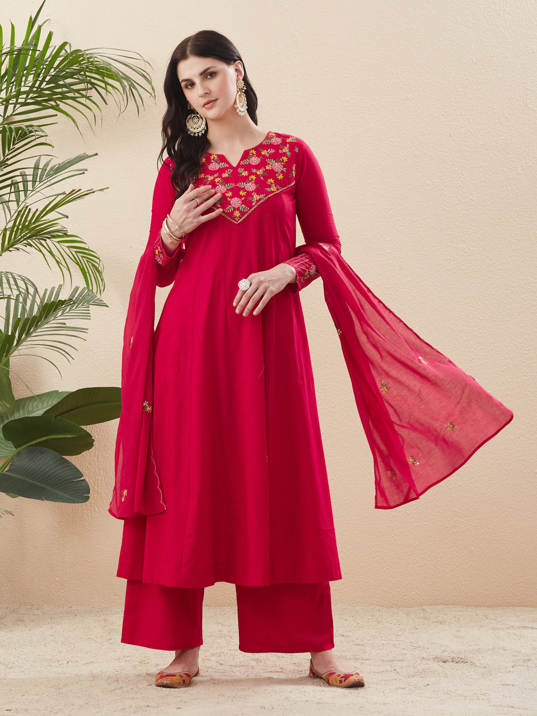 Rani Cotton Embroidered Anarkali Suit Set with Dupatta for Women
