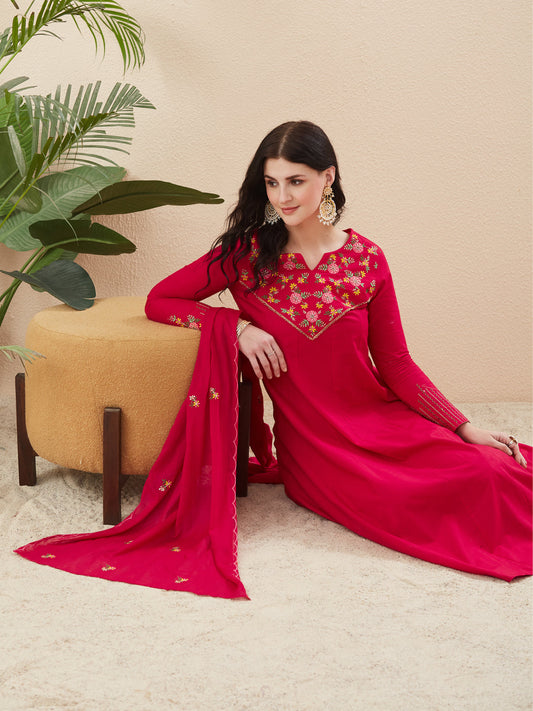 Rani Cotton Embroidered Anarkali Suit Set with Dupatta for Women