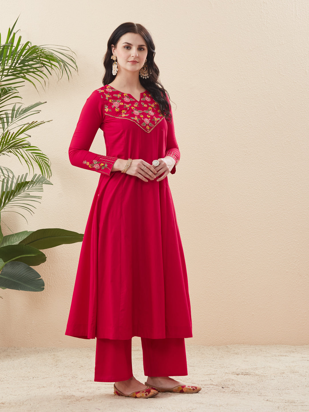 Rani Cotton Embroidered Anarkali Suit Set with Dupatta for Women