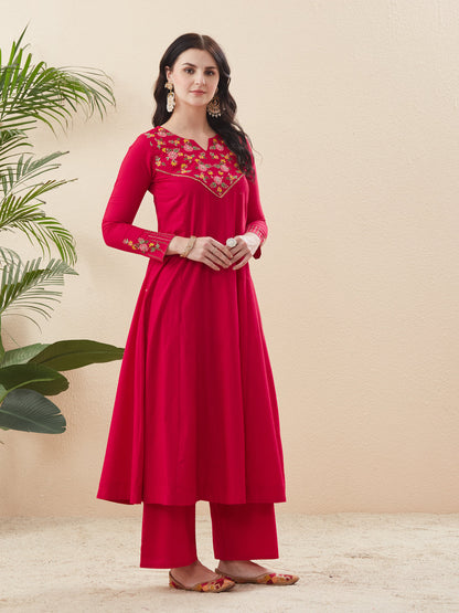 Rani Cotton Embroidered Anarkali Suit Set with Dupatta for Women