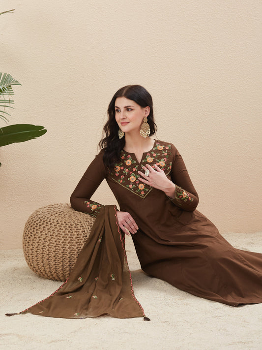 Coffee Cotton Anarkali Kurta with Dupatta & Pants For Women