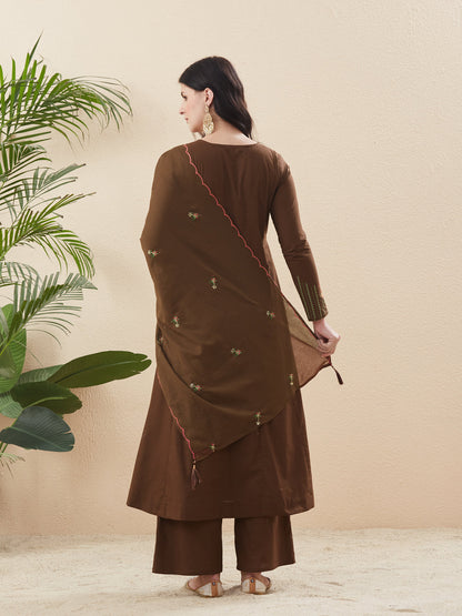 Coffee Cotton Anarkali Kurta with Dupatta & Pants For Women
