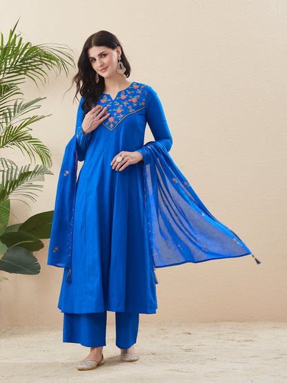 Royal Blue Cotton Traditional Anarkali Set with Dupatta for Women