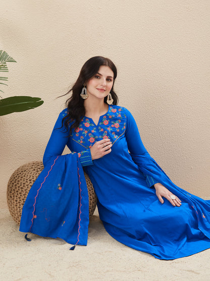 Royal Blue Cotton Traditional Anarkali Set with Dupatta for Women