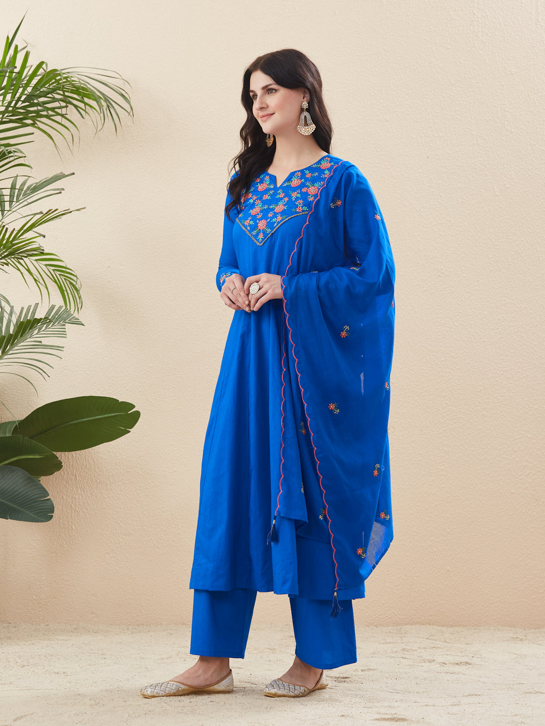 Royal Blue Cotton Traditional Anarkali Set with Dupatta for Women