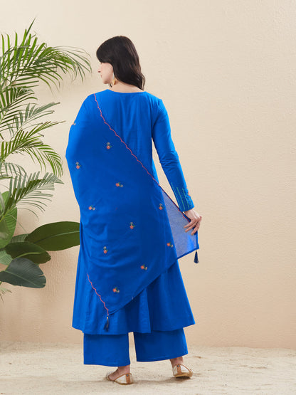 Royal Blue Cotton Traditional Anarkali Set with Dupatta for Women