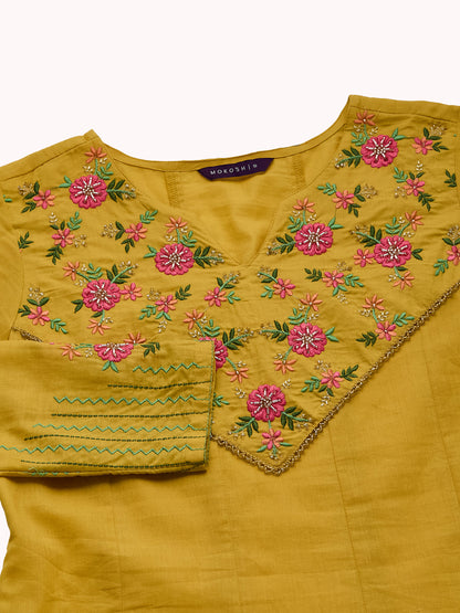 Women’s Yellow Embroidered Cotton Anarkali Kurta set With Dupatta