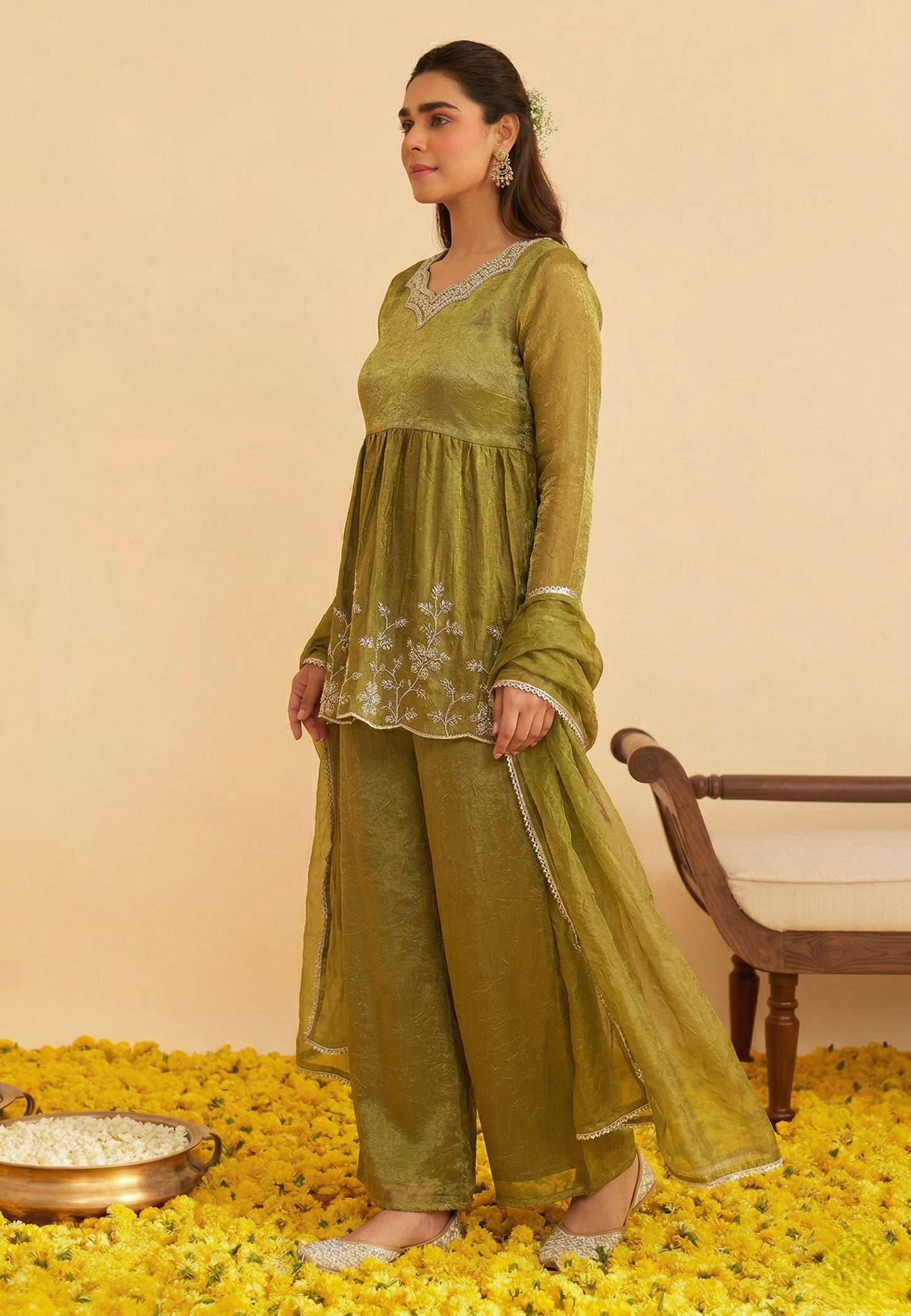 Green Silk Embroidered Peplum Sharara Set With Dupatta for Women