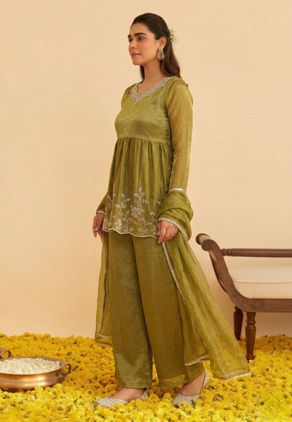 Green Silk Embroidered Peplum Sharara Set With Dupatta for Women