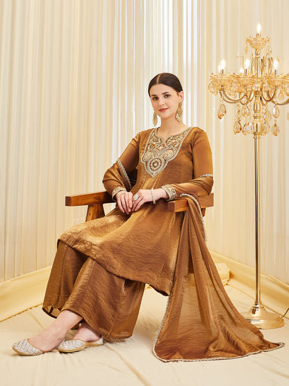 Brown Silk Embroidered Anarkali Kurta Palazzo Set with Dupatta For Women