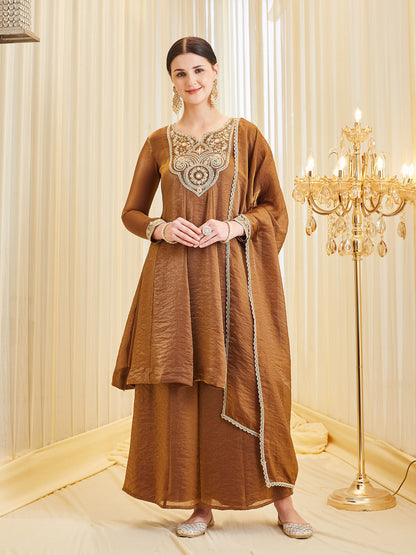 Brown Silk Embroidered Anarkali Kurta Palazzo Set with Dupatta For Women