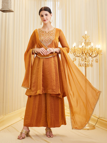 Orange Silk Embroidered Ethnic Kurta Set with Dupatta For women