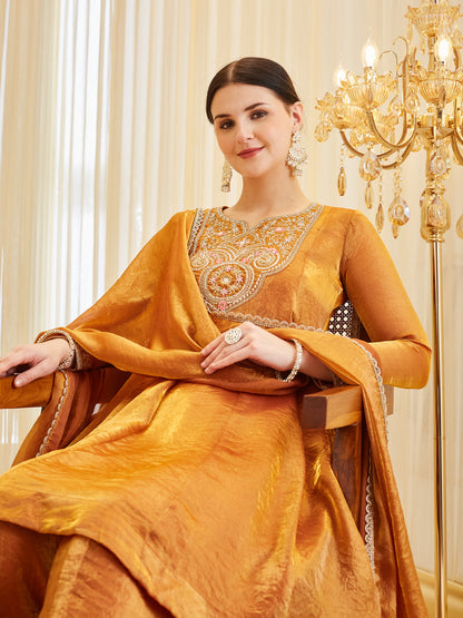 Orange Silk Embroidered Ethnic Kurta Set with Dupatta For women