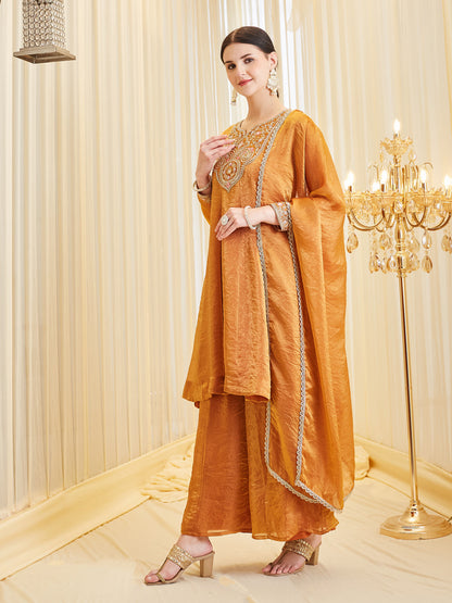 Orange Silk Embroidered Ethnic Kurta Set with Dupatta For women