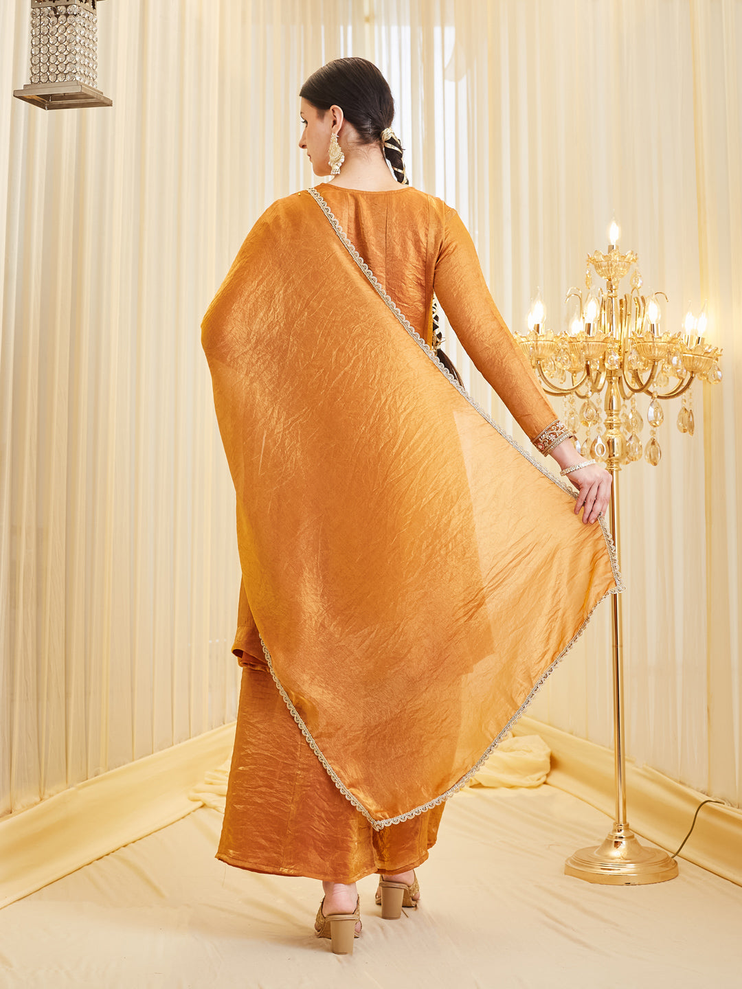 Orange Silk Embroidered Ethnic Kurta Set with Dupatta For women